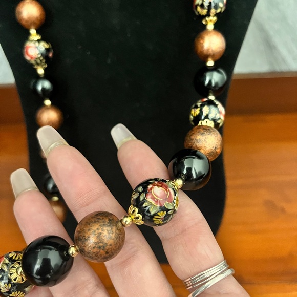 Vintage Signed JAPAN Black Brown Tensha Flowers Beads Beaded 31" Necklace. - Picture 7 of 13